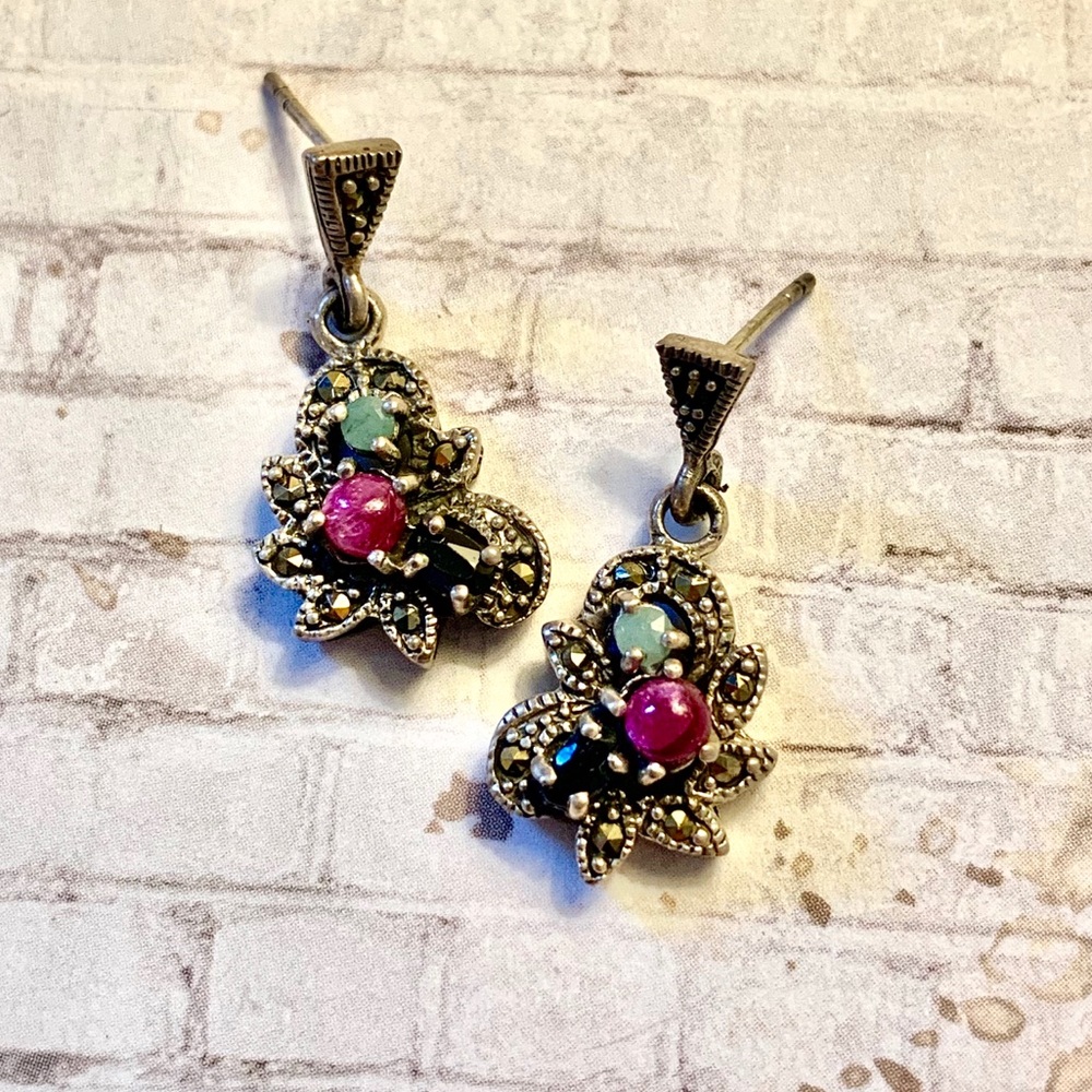 Vintage Sterling Silver Marcasite Ruby Sapphire Emerald Earrings